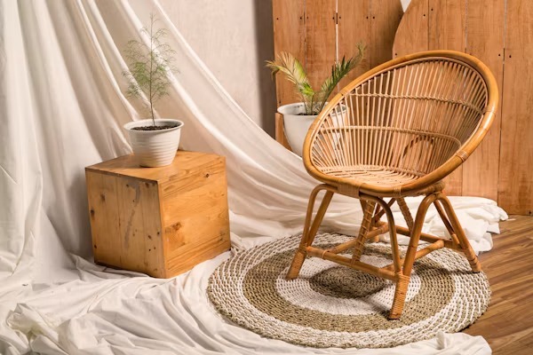 HANDWOVEN NATURAL CANE ROUND LOUNGE CHAIR